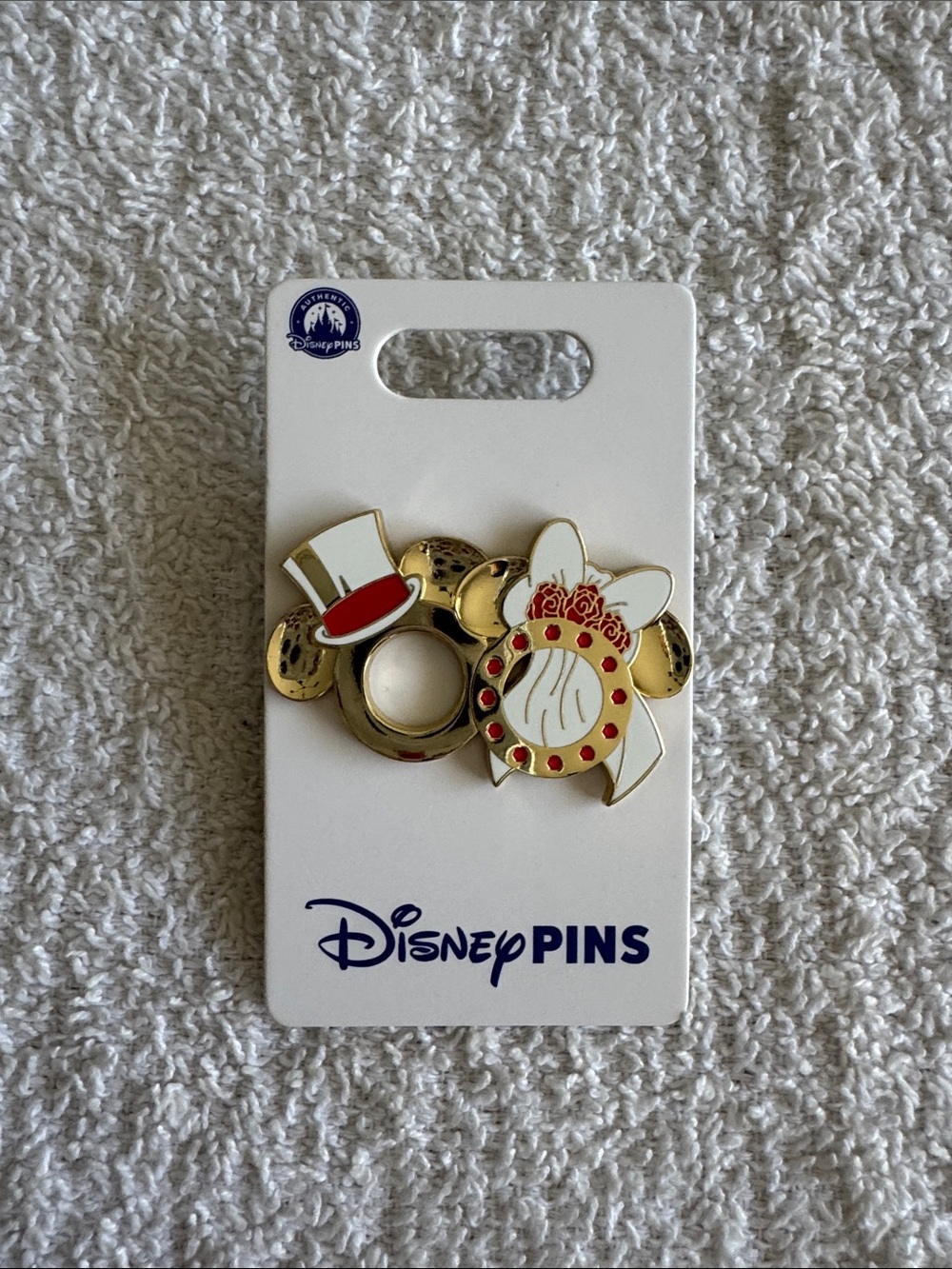 Disney Pins Gold Mickey & Minnie Mouse Ring & Bow Enamel Pin